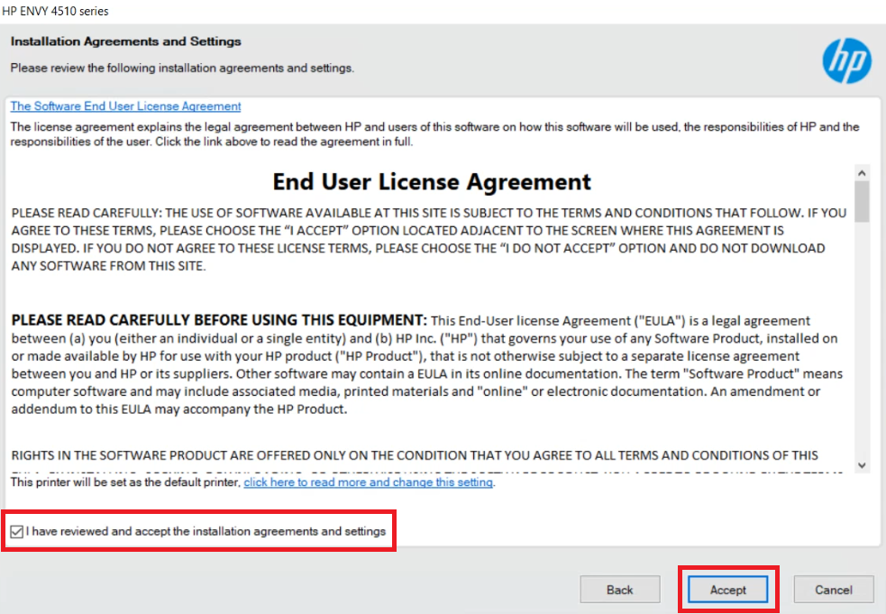 accept the HP ENVY 4516 agreement