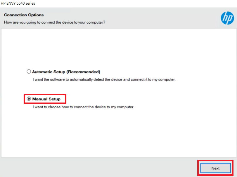 Set up HP ENVY 5544 printer manually
