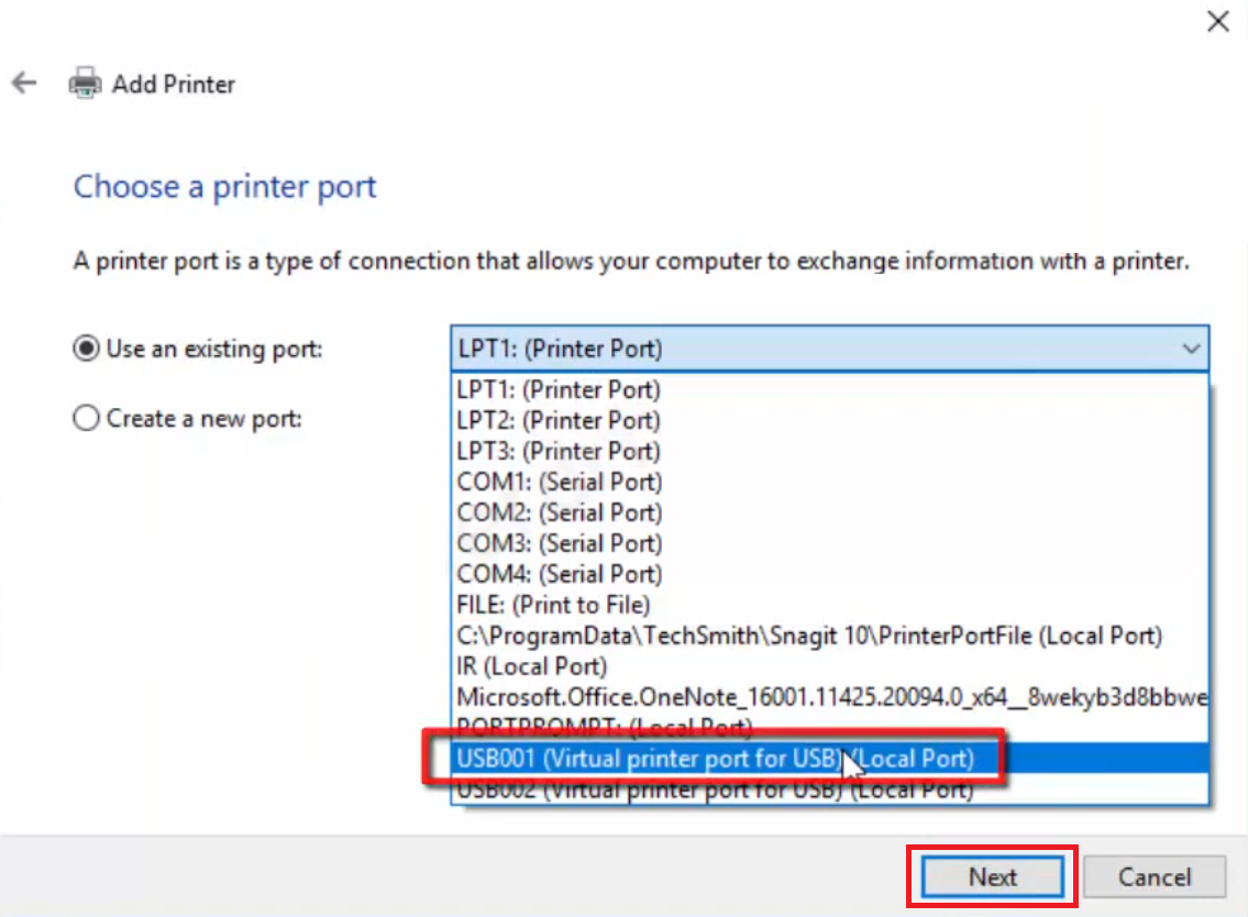 select usb port from options