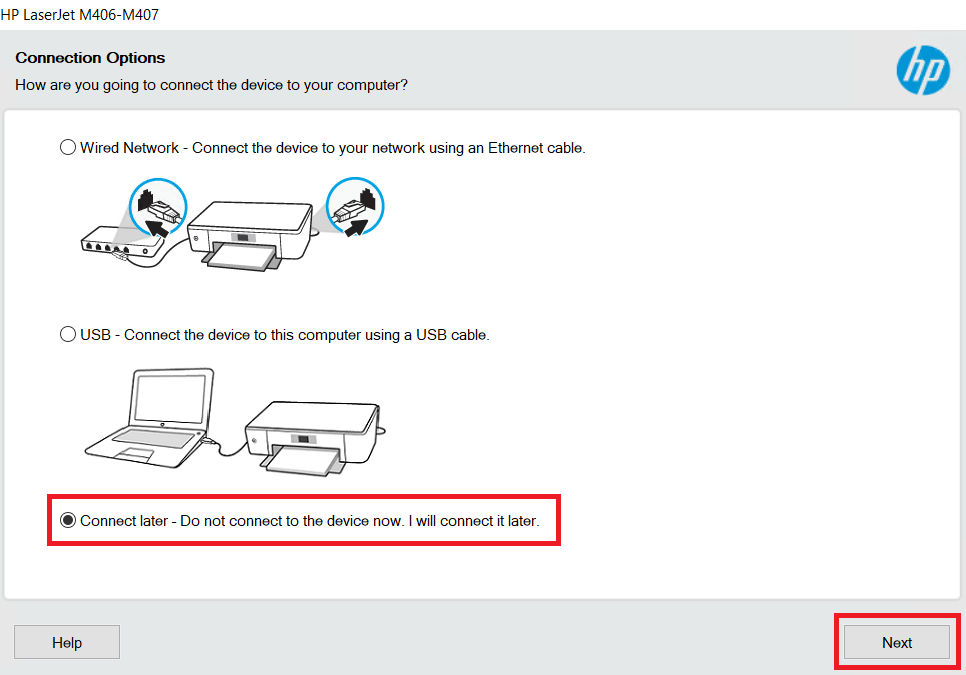 connect HP Laserjet M406dn later