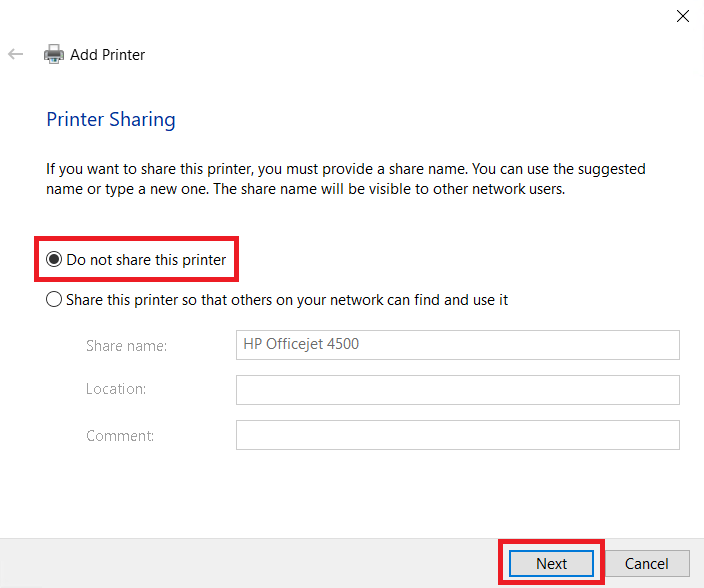 do not share HP Officejet 4500 printer