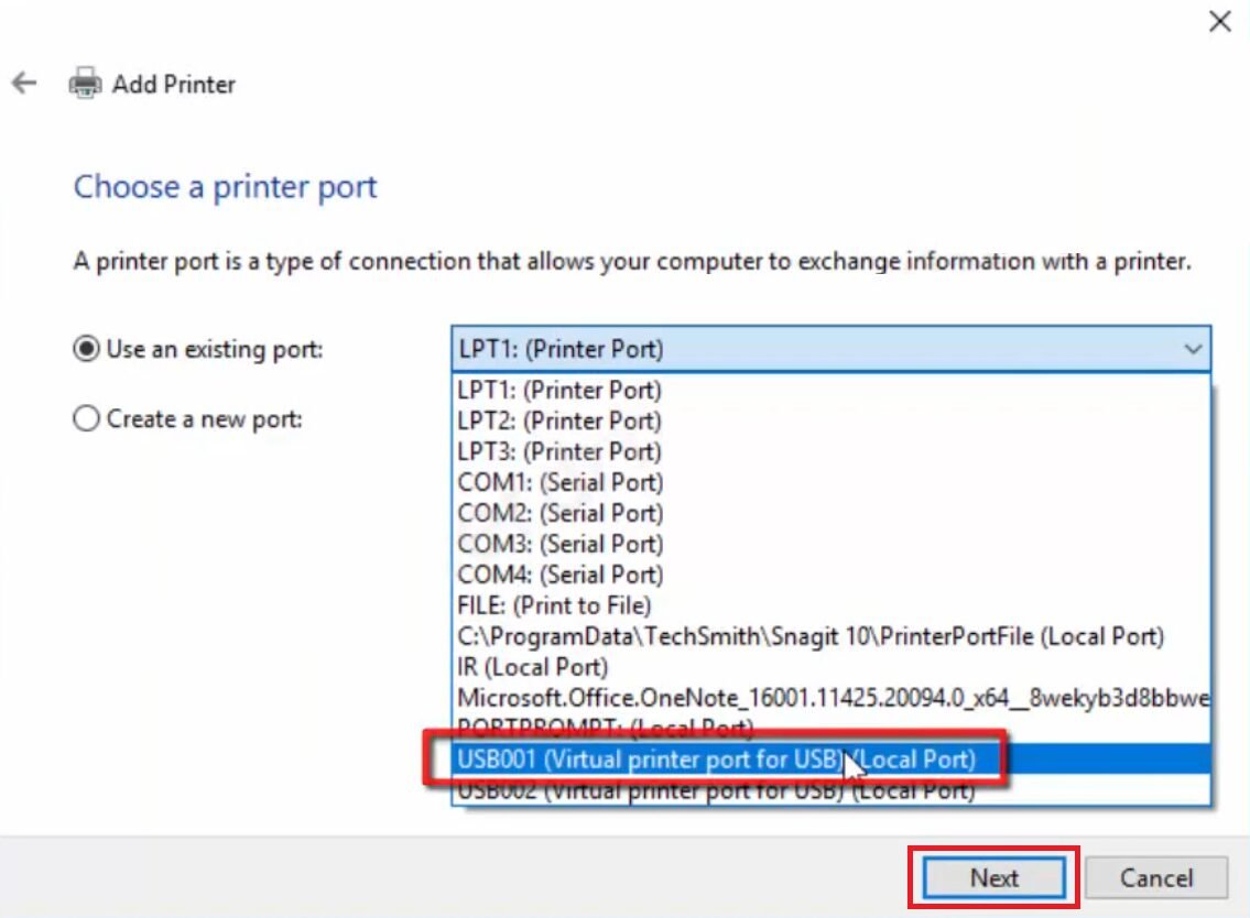 select usb port from list