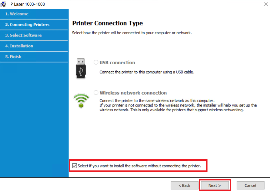 select connect printer later option