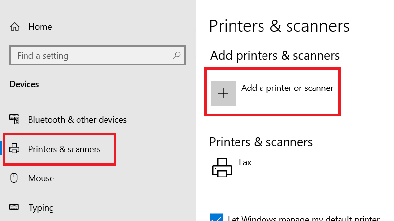 select printers and scanners option