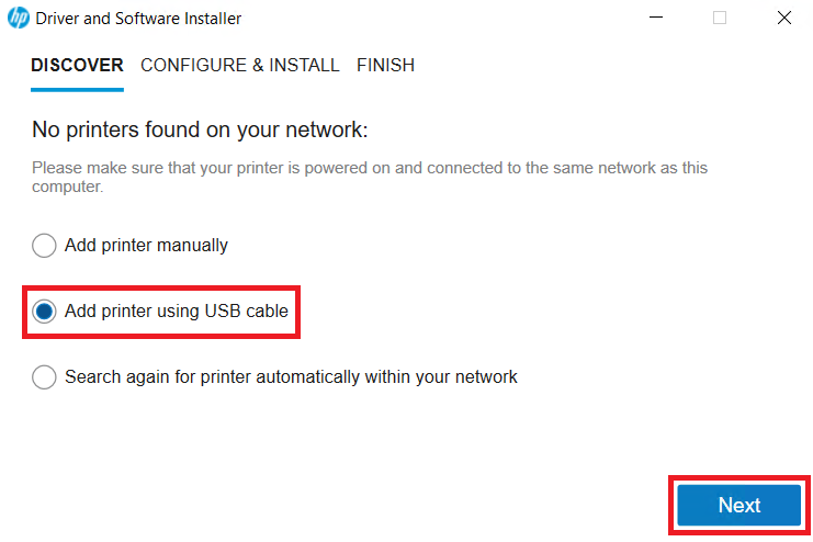 select add printer using USB cable