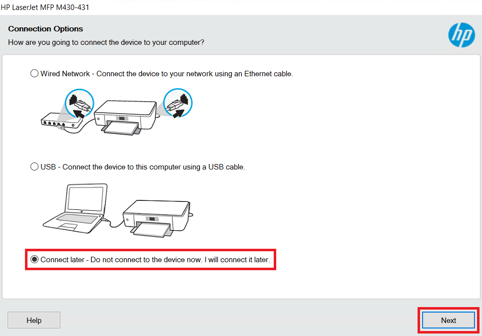 connect HP LaserJet MFP M430f printer later