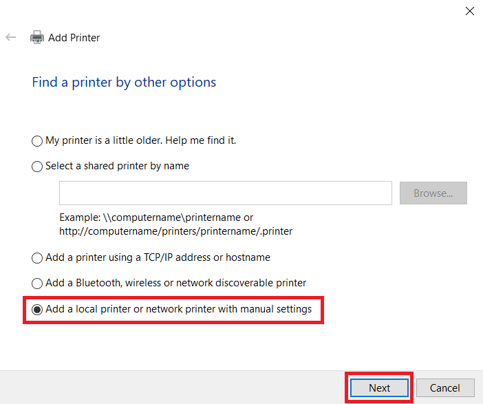 select add a local printer manually option