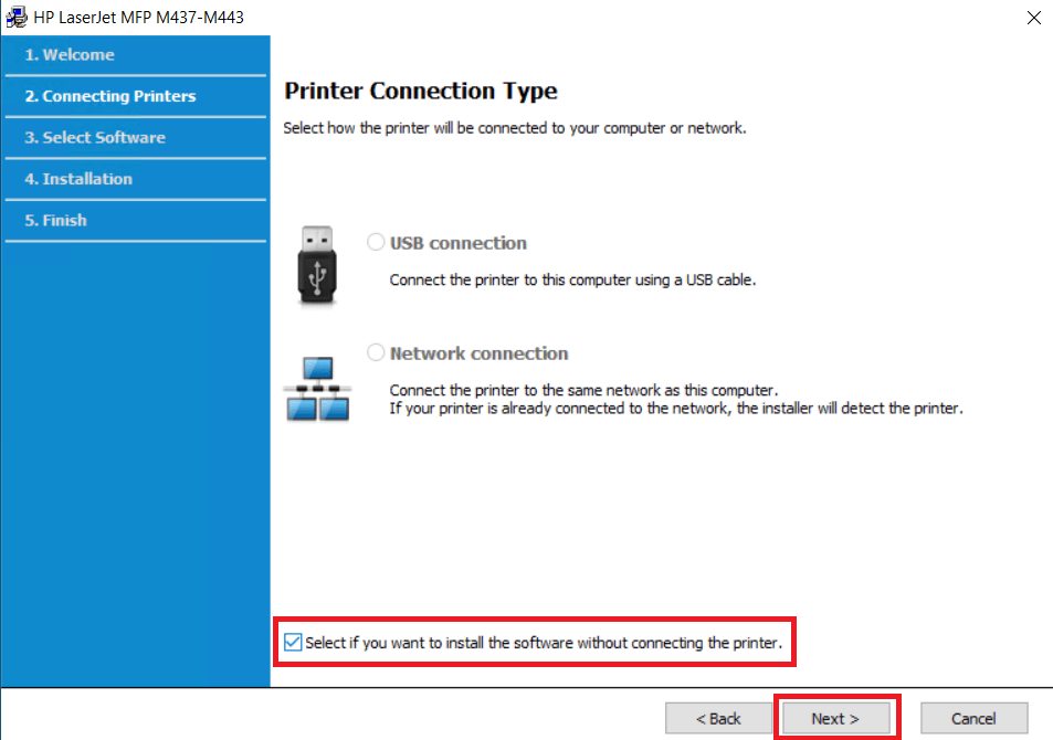 connect HP LaserJet MFP M442dn printer later