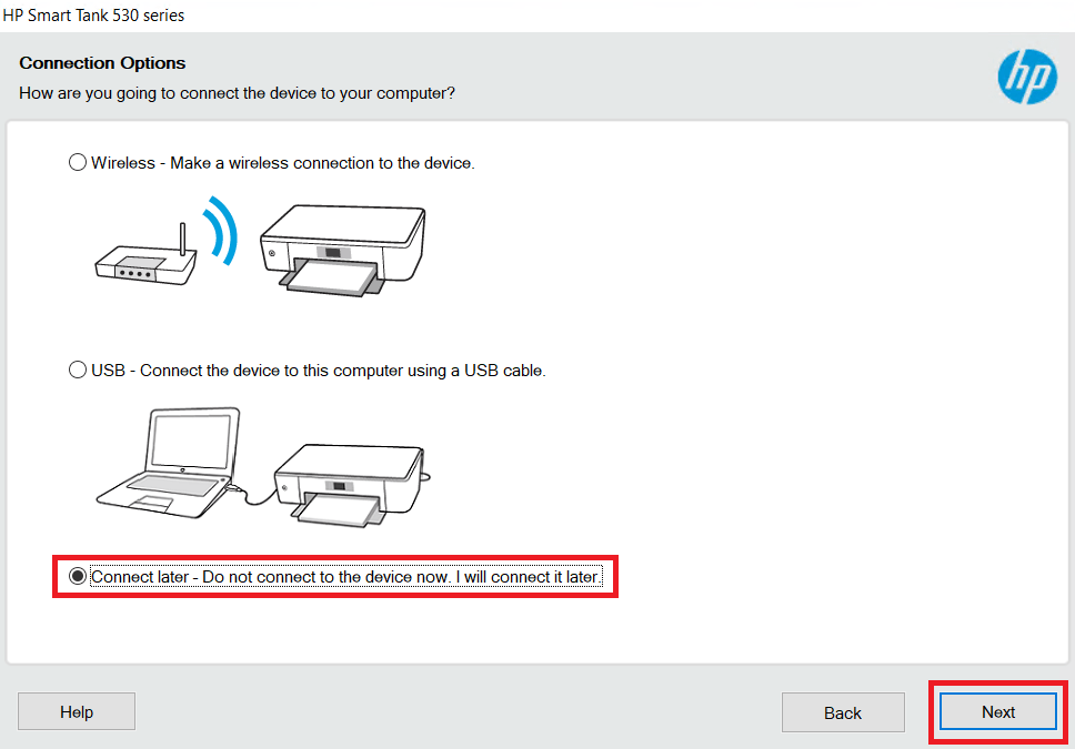 connect HP Smart Tank 533 printer later