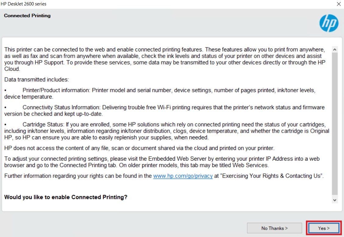 click yes to enable connected printing